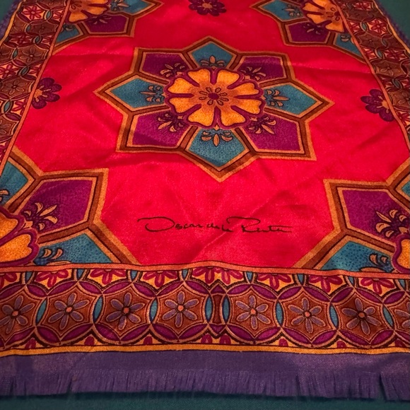 Vintage Oscar de la Renta Silk Red and Purple Floral Scarf - Picture 7 of 8